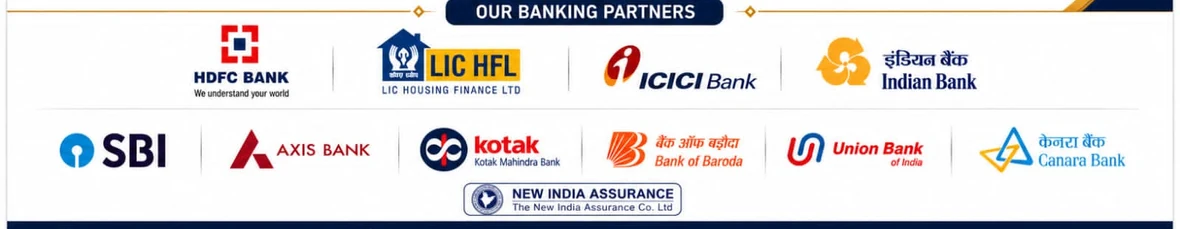 HDFC Bank, LIC HFL, ICICI Bank, Indian Bank, SBI, Axis Bank, Kotak Mahindra Bank, Bank of Baroda, Union Bank of India, Canara Bank and New India Assurance partner logos